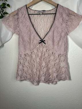 Pretty Garbage Pink Floral Lace V-Neck Top with Black Bow Coquette Doll
